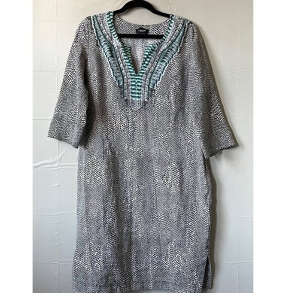 Olsen Tunic Shift Dress 12 Blue Linen V-Neck Animal Print Resort Lightweight - Picture 3 of 8